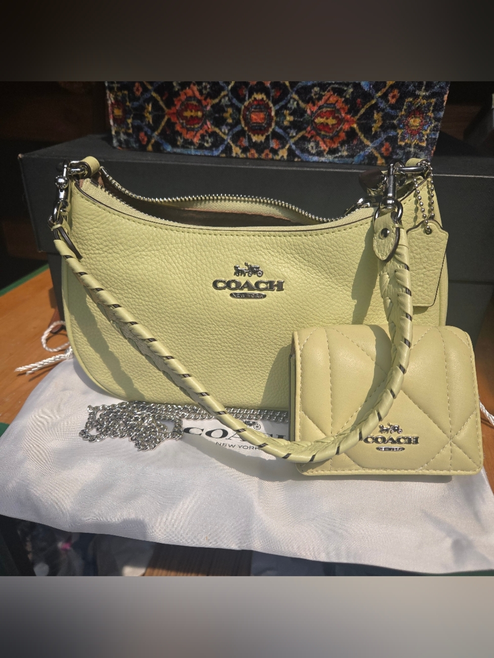 Coach Teri Pale Lime Shoulder Bag Whipstitch Strap Quilted Wallet On Chain Set